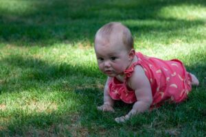 Infant crawling on soft grass, exploring their surroundings with curiosity.